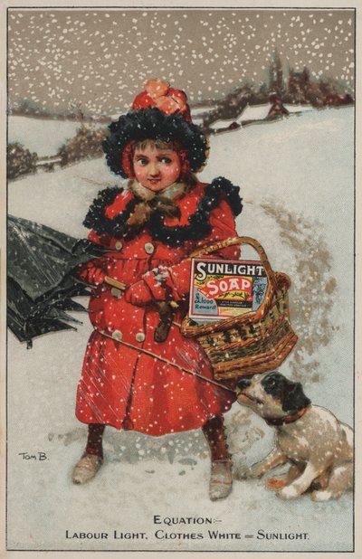 Girl walking home in the snow: advertisement for Sunlight soap by Tom Browne