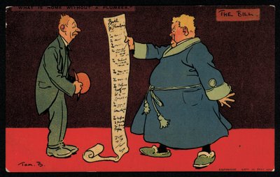 Man reading a lengthy bill from his plumber by Tom Browne