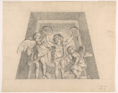 Three Putti with Tambourines and Trumpets, Design for Lunette of the Sala delle Muse, Museo Pio-Clementino, Vatican by Tommaso Maria Conca