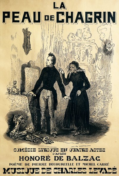 Poster for Le peau de chagrin, comic opera, libretto by Pierre Decourcelle and Michel Carre, music by Charles Levade, from novel by Honore De Balzac by Tony Johannot