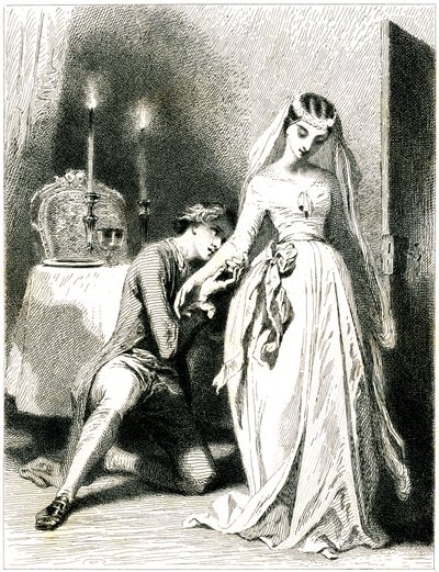 Sighing lover knees at the feet of his beautiful engagement in a candle-light interior - girl in romantic dress and hairstyle - engraving by Tony Johannot by Tony Johannot