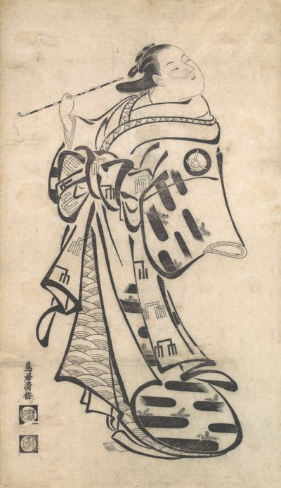An Oiran Standing, a Pipe in Her Right Hand, and Turning to Look Behind Over Her Shoulder by Torii Kiyomasu I