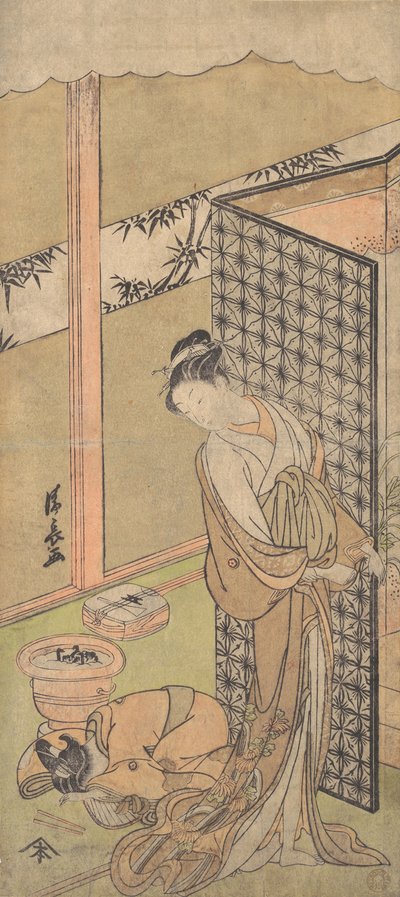 An Oiran in Night Attire, Pausing, with One Hand on the Screen that Surrounds Her Bed by Torii Kiyonaga