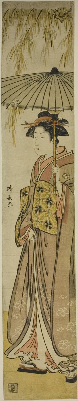 Geisha Carrying a Parasol Under a Willow Tree by Torii Kiyonaga