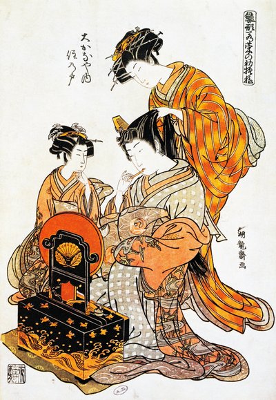 Woman in front of mirror while having her hair combed, ukiyo-e art print by Torii Kiyonaga by Torii Kiyonaga