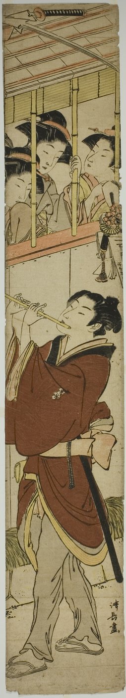 Young Man Playing Flute as Three Girls Watch by Torii Kiyonaga