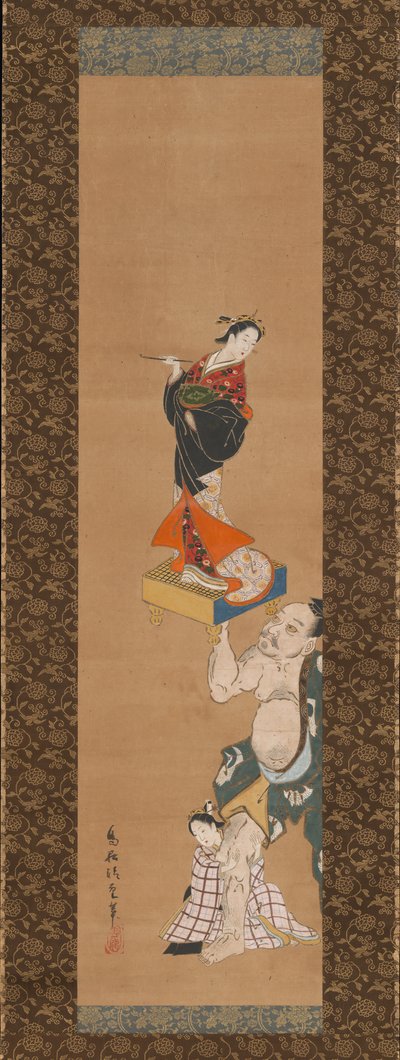The Warrior Asahina Yoshihide Lifting a Puppet of a Courtesan on a Go Board by Torii Kiyoshige