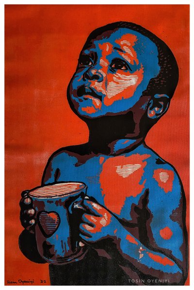 Hopeful Child With Mug by Tosin Oyeniyi