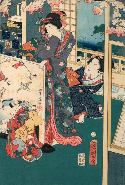 Spring Outing in a Villa Diptych: Women in Interior by Toyohara Kunichika