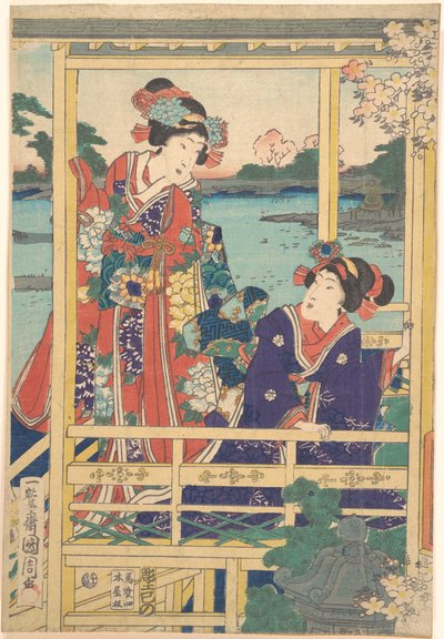 Two Beauties at Spring Garden with a Pond by Toyohara Kunichika