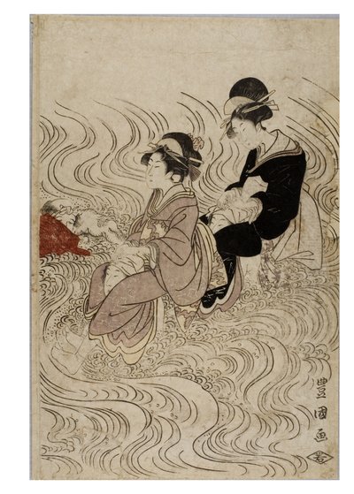 Party of Courtesans Fording a Wave-Wracked River by Toyokuni Utagawa
