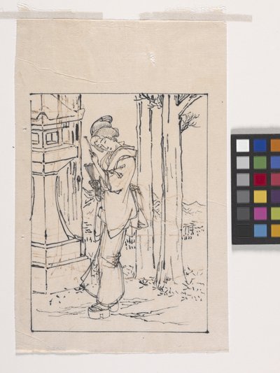 Drawing of a Young Woman Standing by a Stone Lantern by Tsukioka Yoshitoshi