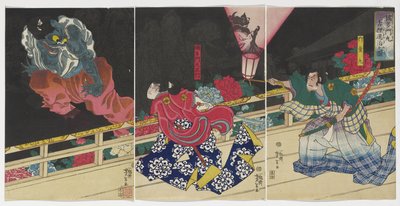 Picture of Kusunoki Tamonmaru Conquering the Old Badger by Tsukioka Yoshitoshi
