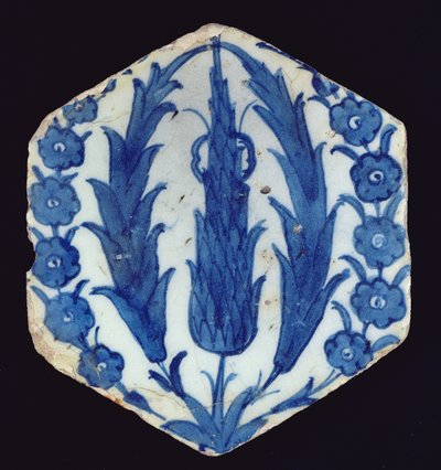 Hexagonal Isnik Tile with Cypresses and a Prunus, 1560-70 by Turkish School