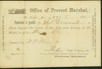 Military pass of Thomas Dimmock, signed U.P Bennett, November 5, 1861 by U. P. Bennett