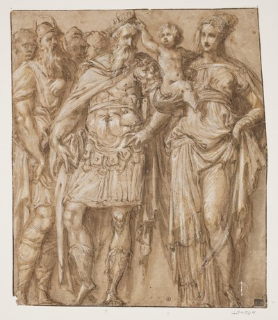 A Child Sitting on a Woman’s Arm Crowns a Bearded Man while Other Men Watch from Behind by Ubekendt