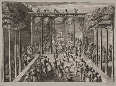 Banquet in an Oriental Courtyard. Foreground: Archers and Men Wrestling by Ubekendt