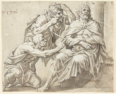 The Seated Christ Crowned with Thorns Mocked by Two Executioners, One Standing, the Other Kneeling to the Left by Ubekendt