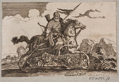 Ottoman Cavalryman with Lance and Bow. In the Background is a Cavalry Battle by Ubekendt