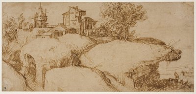 Rocky Landscape with Buildings and a Shepherd with His Flock by Ubekendt