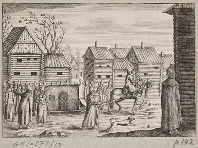 Russian Town with Men Gathered Around a Covered, Horse-Drawn Sleigh by Ubekendt