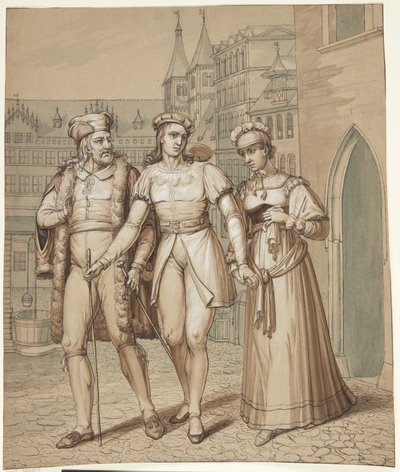 Three People in Old Costumes in a Square, a Young Man Bidding Farewell to His Parents? by Ubekendt