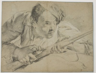 Hunter with a gun seen from the front by Ubekendt Ubekendt