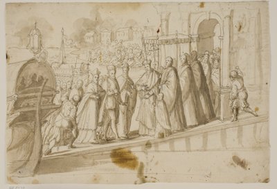 King Henri III, Doge Alvise Mocenigo and Cardinal San Sisto Received by the Venetian Patriarch Giovanni Trevisan on the Lido in Venice by Ubekendt Ubekendt