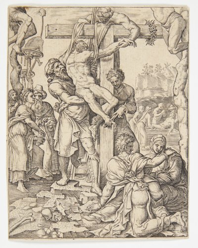 The Descent from the Cross by Ubekendt efter Dirck Volckertsz. Coornhert efter Maarten van Heemskerck