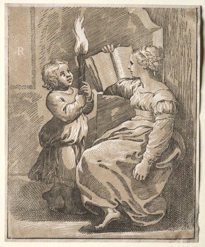 Sibyl Reading with a Child Holding a Torch by Ugo da Carpi