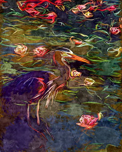 Painterly Heron Water Lilies by Uma Gokhale