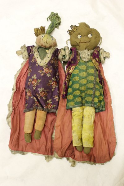 HM King Potato and HM Queen Onion rag dolls, with heads in the shape of a potato and an onion by Una Maw