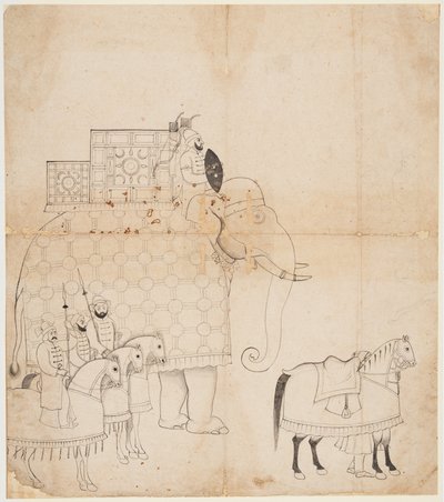 A Drawing of Caparisoned Elephant and Horses by Unbekannt