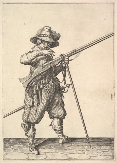 A soldier blowing on a match, from the Musketeers series, plate 40, in Wapenhandelinghe van Ro by Unbekannt