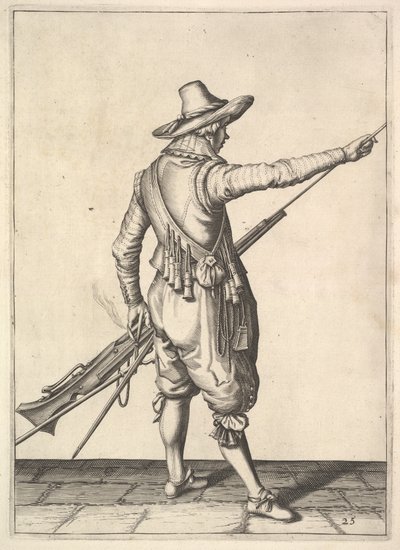 A soldier pulling out the ramrod from its holder, from the Musketeers series, plate 25 by Unbekannt