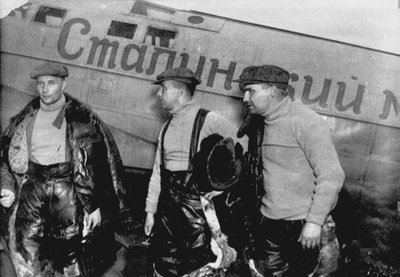 Alexander Belyakov, Georgiy Baidukov and Valery Chkalov by Their Plane by Unbekannt