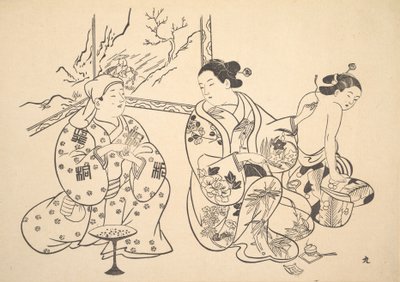 An Oiran Seated in a Parlor Applies the Fire Treatment to the Bared Back of Another Woman by Unbekannt
