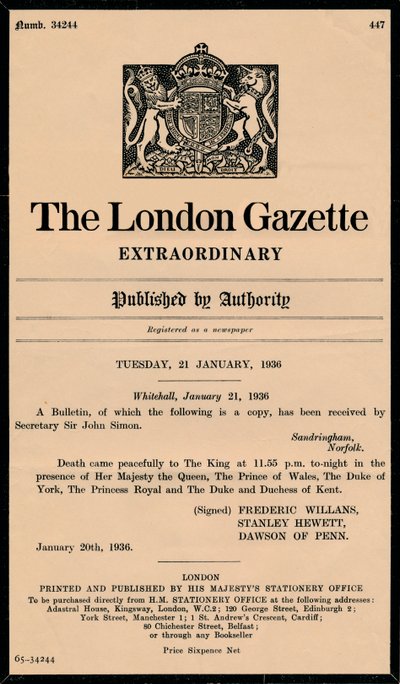 An Extraordinary Bulletin by The London Gazette Announcing the Death of King George V by Unbekannt