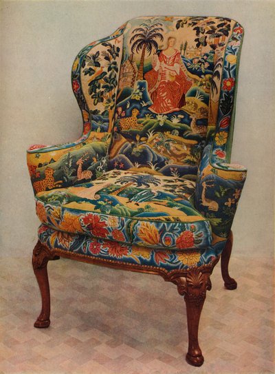 An Upholstered Armchair with Wings, Carved Walnut Frame and Original Silk Needlework Covering by Unbekannt