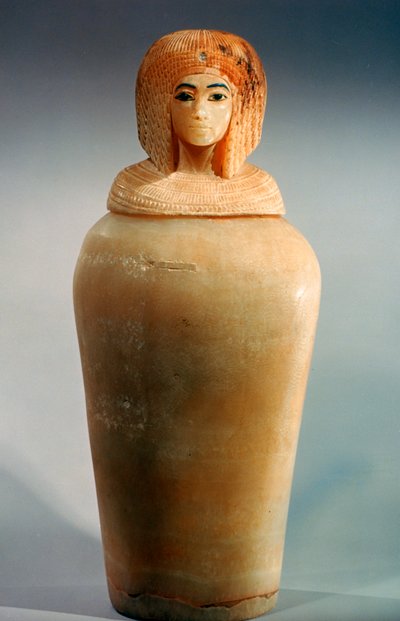 Ancient Egyptian Canopic Jar with a Lid in the Shape of a Royal Woman
