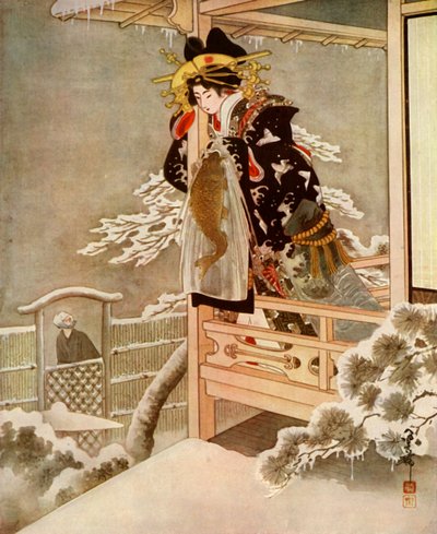 As she spoke, Urasato leaned far out over the balcony, 1919 by Unbekannt
