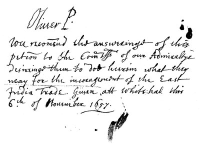 Autograph Note of Oliver Cromwell to a Petition of the East India Company, November 1657 by Unbekannt