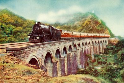 Between Bombay and Delhi: A Striking View of the Frontier Mail Passing Over a Viaduct by Unbekannt