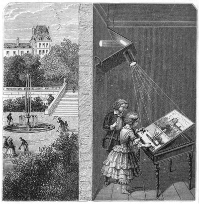 Children watching an outdoor scene through a camera obscura by Unbekannt