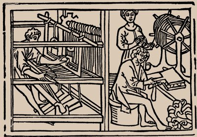 Combing, spinning and weaving of wool. From Speculum Vitae Humanae by Rodericus Zamorensis by Unbekannt