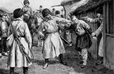 Cossacks Searching for Japanese Spies in a Manchurian Village, Russo-Japanese War by Unbekannt