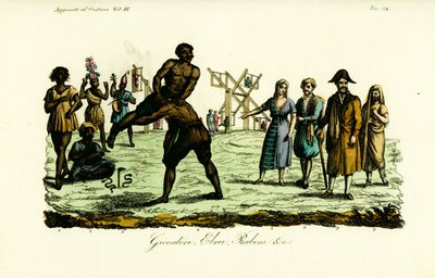 Dancer called Ulde Benaye, snake charmer, two men performing the Busardia dance, two wrestlers, Jewish woman, Jewish man, rabbi and whore in veil by Unbekannt