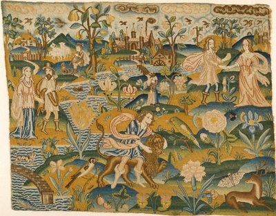 Embroidered Picture: Man with a Lion in a Landscape with Two Couples, 2nd Half of the 17th Century by Unbekannt