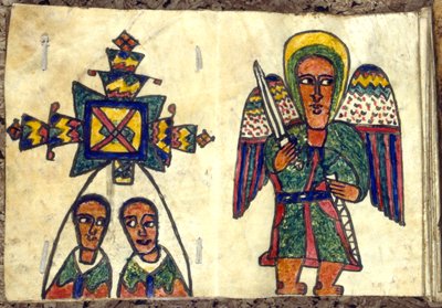 Ethiopian Prayer Book Showing an Angel with a Sword and Two Men, Possibly Priests, 19th Century by Unbekannt