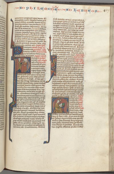 Philemon, historiated initial P, Paul addressing three men and Hebrews by Unbekannt